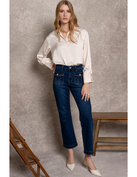 Jean coupe wide, poches rabats casual, H4071