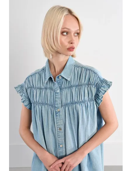 Robe smockée en coton, effet denim