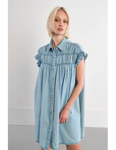 Robe smockée en coton, effet denim