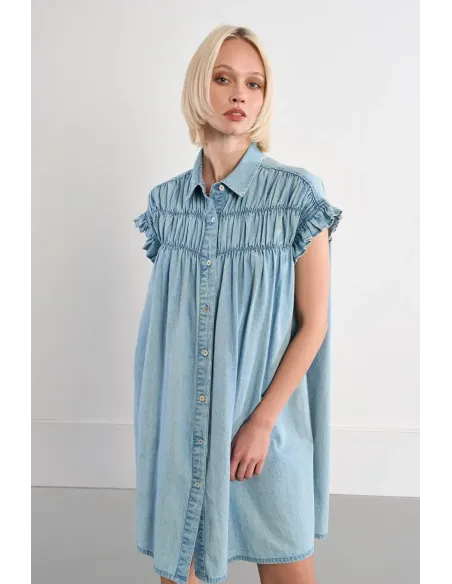 Robe smockée en coton, effet denim
