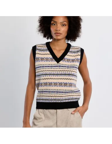 Pull sans manches, motif tibétain, col V, Offwhite