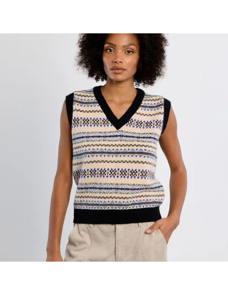 Pull sans manches, motif tibétain, col V, Offwhite