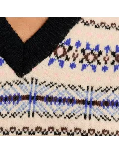 Pull sans manches, motif tibétain, col V, Offwhite 2