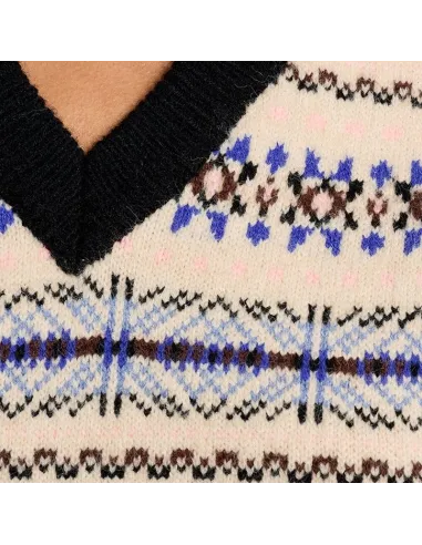 Pull sans manches, motif tibétain, col V, Offwhite