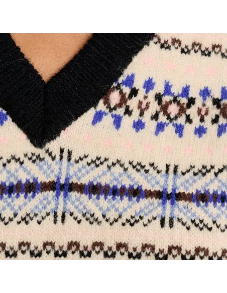 Pull sans manches, motif tibétain, col V, Offwhite