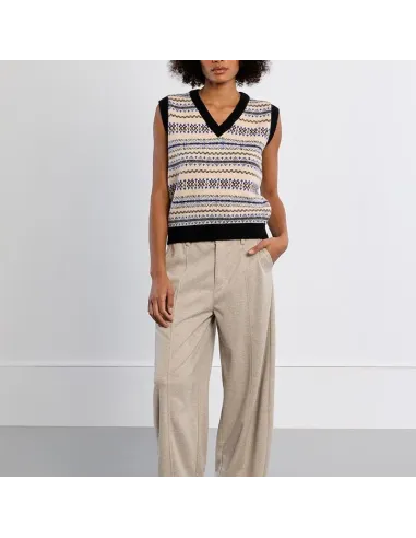 Pull sans manches, motif tibétain, col V, Offwhite