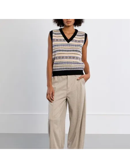 Pull sans manches, motif tibétain, col V, Offwhite