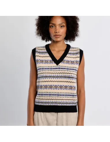 Pull sans manches, motif tibétain, col V, Offwhite