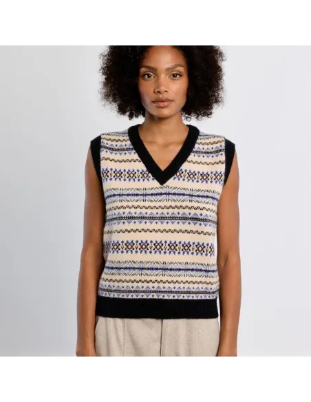 Pull sans manches, motif tibétain, col V, Offwhite