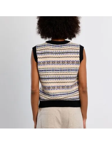 Pull sans manches, motif tibétain, col V, Offwhite