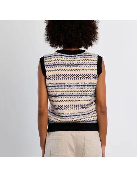 Pull sans manches, motif tibétain, col V, Offwhite