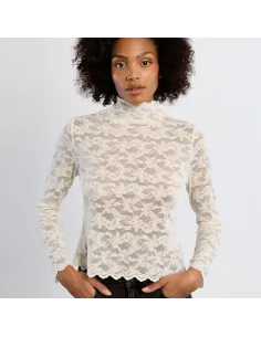 Top en mesh brodé, semi-transparent, Noir