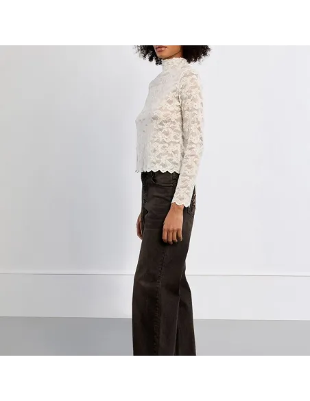 Top en mesh brodé, semi-transparent, Noir