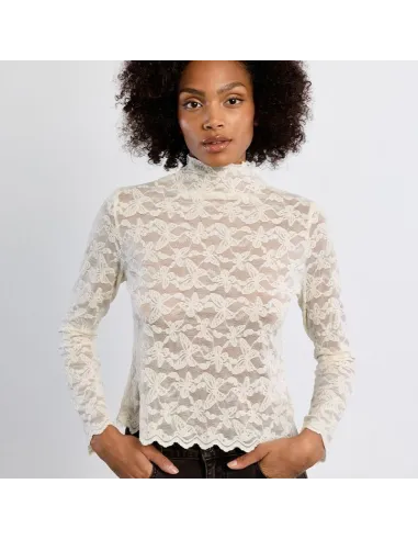 Top en mesh brodé, semi-transparent, Offwhite