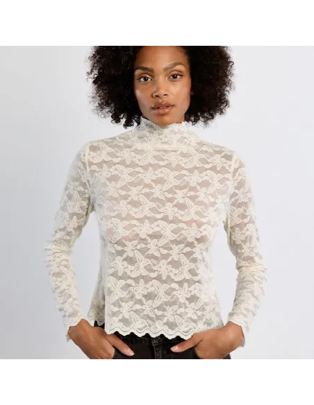 Top en mesh brodé, semi-transparent, Offwhite