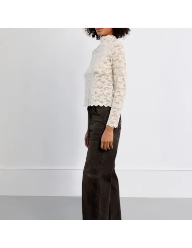 Top en mesh brodé, semi-transparent, Offwhite