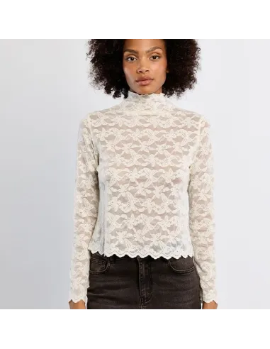 Top en mesh brodé, semi-transparent, Offwhite