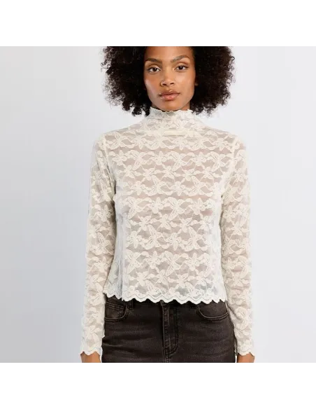 Top en mesh brodé, semi-transparent, Offwhite