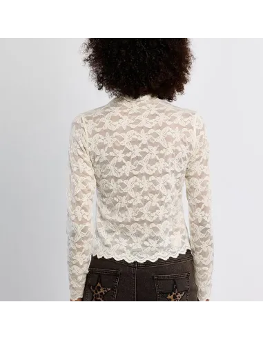 Top en mesh brodé, semi-transparent, Offwhite