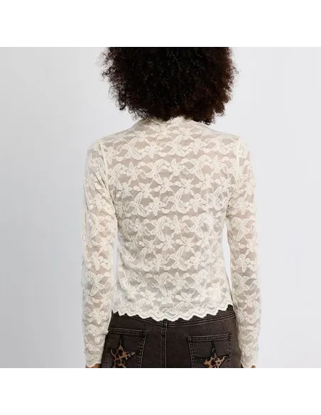 Top en mesh brodé, semi-transparent, Offwhite