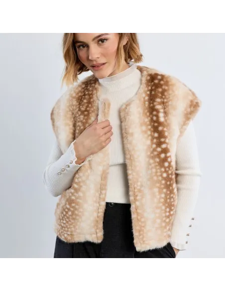 Veste sans manches, imitation fourrure, faon, Beige