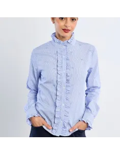 Chemise en popeline de coton, col victorien, Bleu