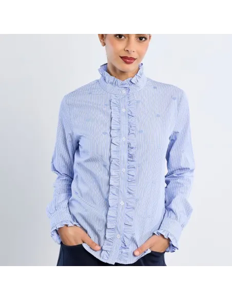 Chemise en popeline de coton, col victorien, Bleu