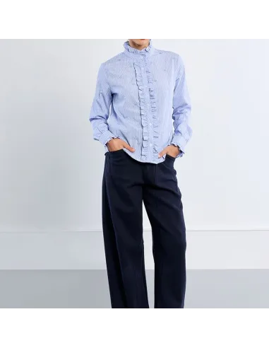 Chemise en popeline de coton, col victorien, Bleu