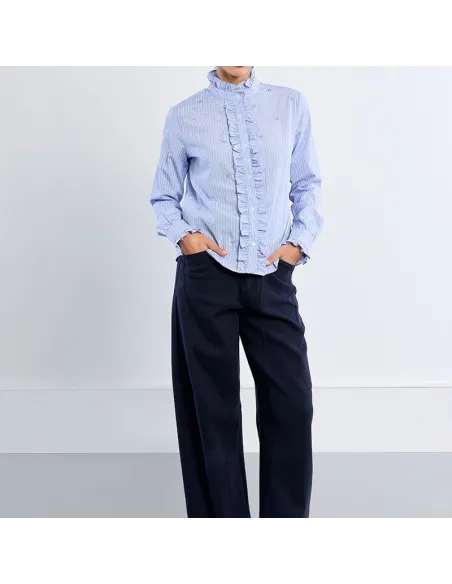 Chemise en popeline de coton, col victorien, Bleu