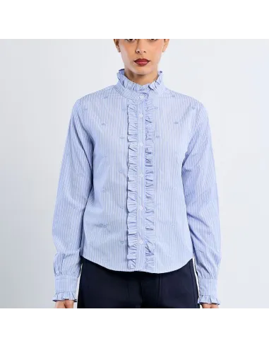 Chemise en popeline de coton, col victorien, Bleu