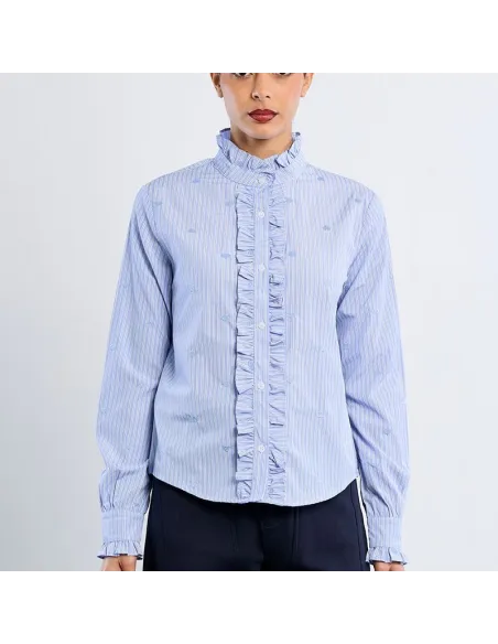 Chemise en popeline de coton, col victorien, Bleu