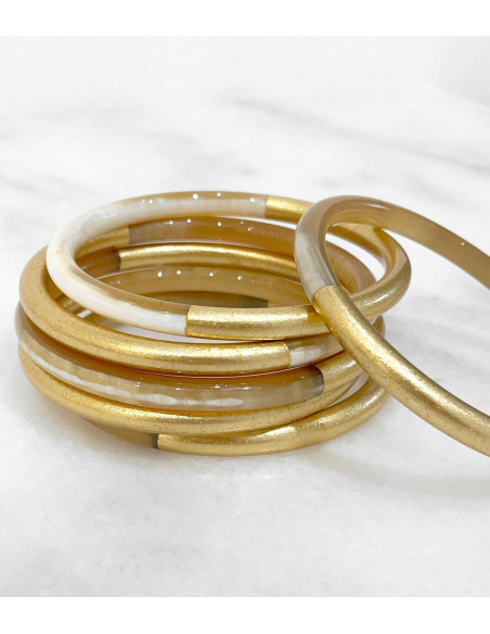 Bracelet coloré en corne véritable, feuilles d'or