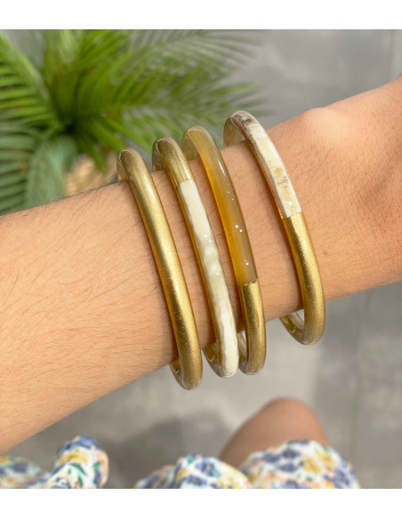 Bracelet coloré en corne véritable, feuilles d'or