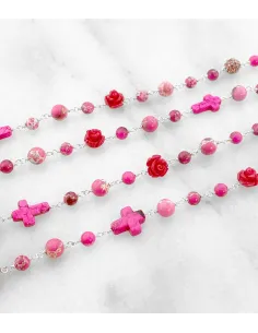 Long sautoir pierres naturelles, impression jasper rose