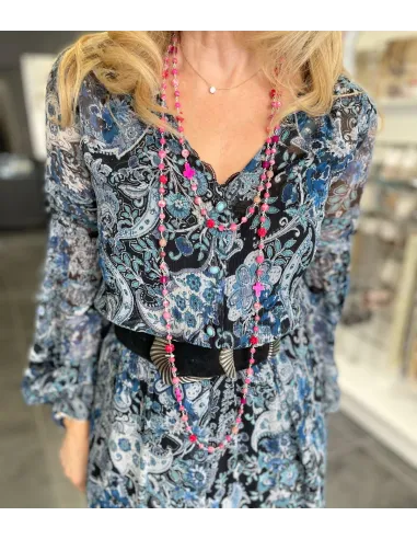 Long sautoir pierres naturelles, impression jasper rose